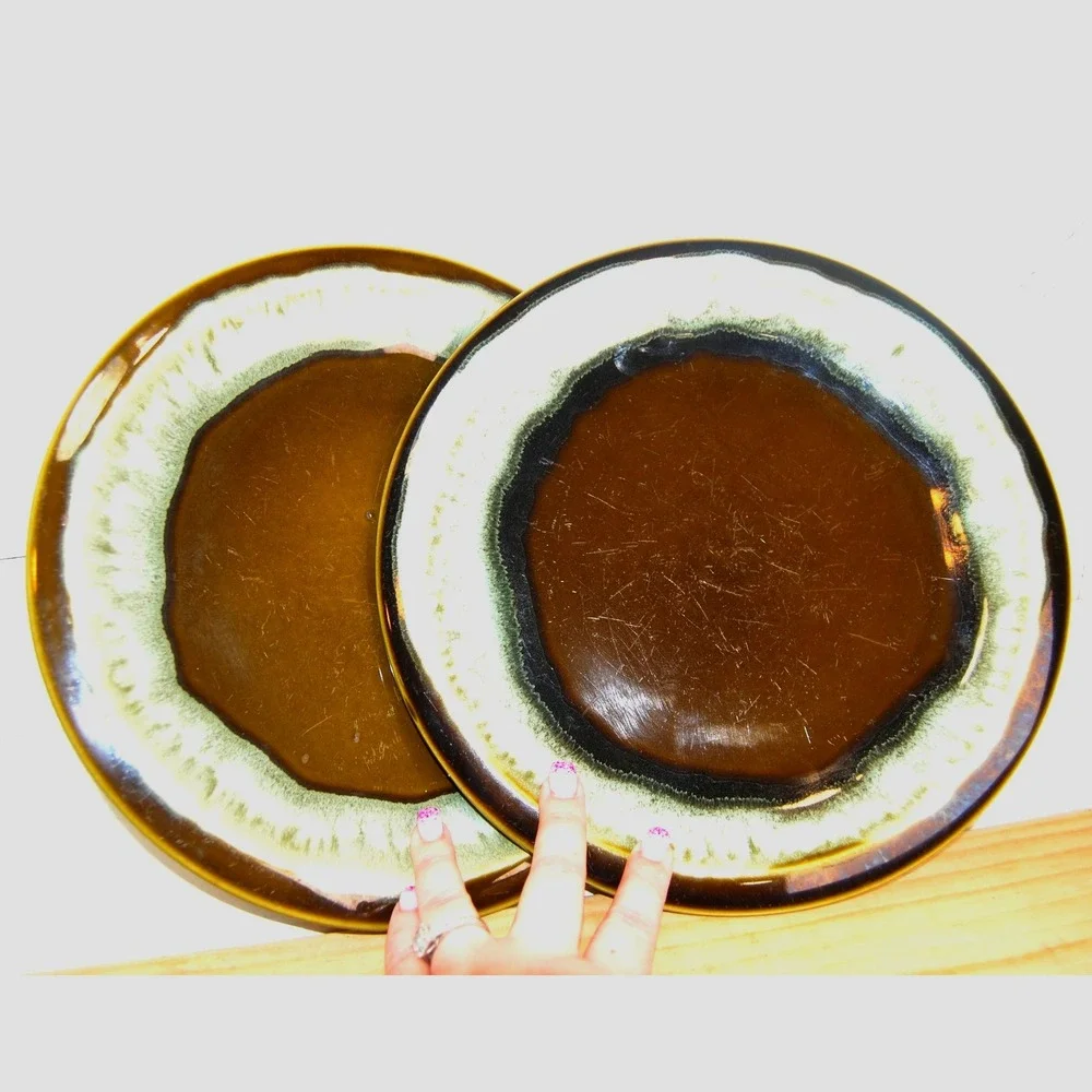 Vintage Pfaltzgraff plate Copper Green‎ Drip Glaze set of two Stoneware 10'